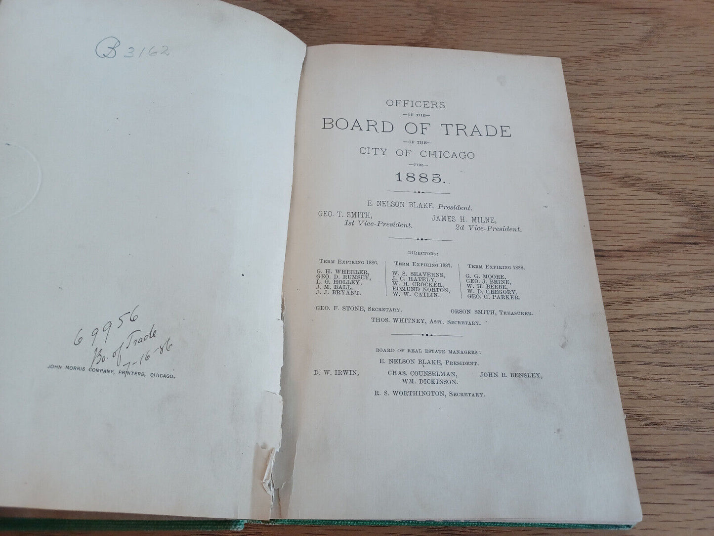 Officers Of The Board Of Trade Of The City Of Chicago For 1885 E Nelson Blake