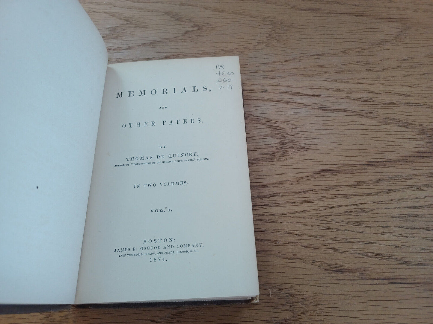 Memorials And Other Papers By Thomas De Quincey Vol I 1874