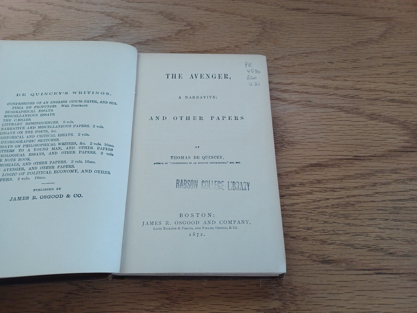 The Avenger A Narrative And Other Papers By Thomas De Quincey 1872