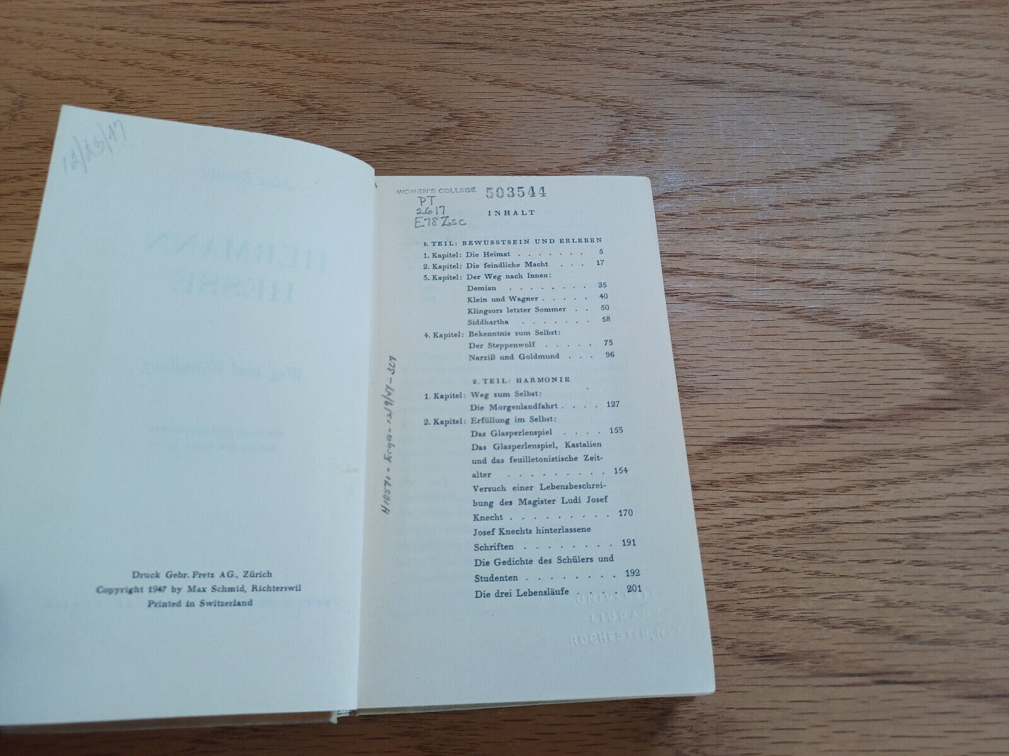 Max Schmid Hermann Hesse Weg Und Wandlung 1947