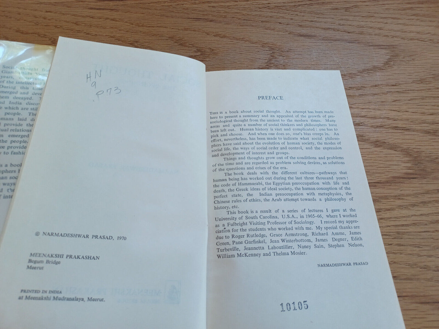 Social Thought The Beginnings Narmadeshwar Prasad 1970 Dust Jacket