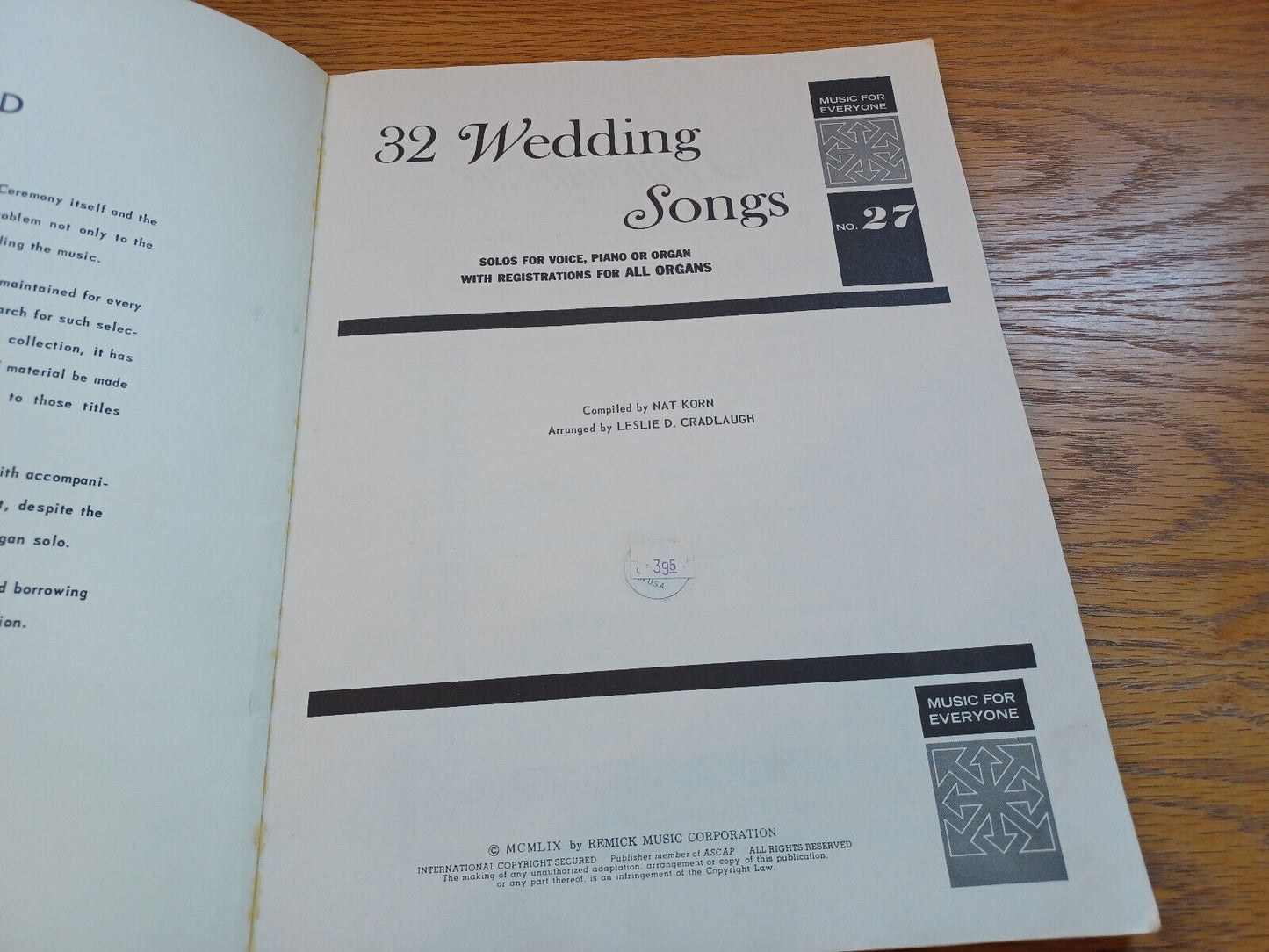 32 Wedding Songs Solos For Voice Piano Or Organ Nat Korn 1959