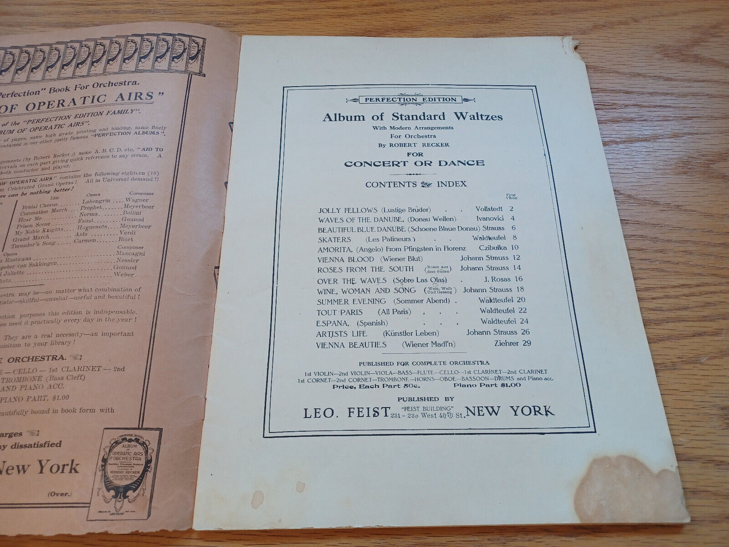 1St Violin Album Of Standard Waltzes For Orchestra Robert Recker 1909