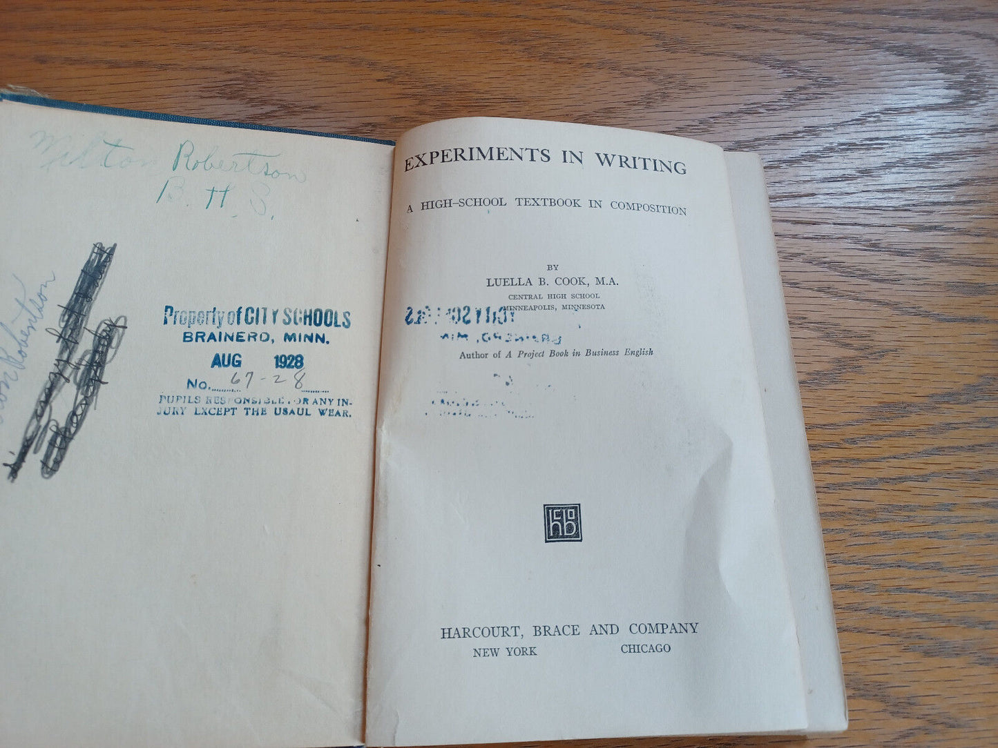 Experiments in Writing Luella B Cook 1927 Hardcover Harcourt Brace