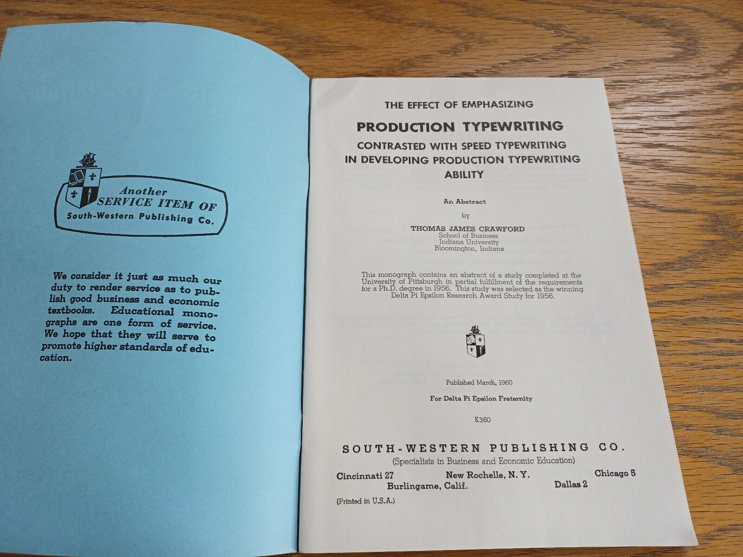 Production Typewriting Thomas James Crawford 1960 Paperback South-Western Monogr