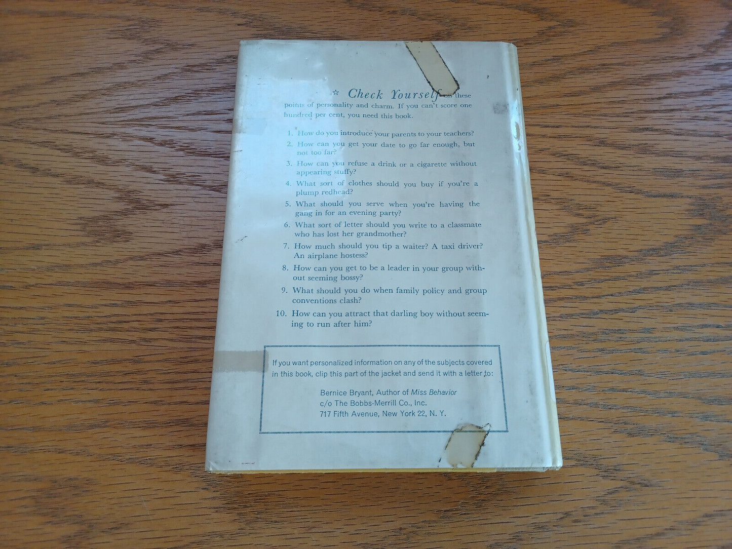 Miss Behavior Bernice Bryant 1960 Hardcover Dust Jacket Bobbs-Merrill