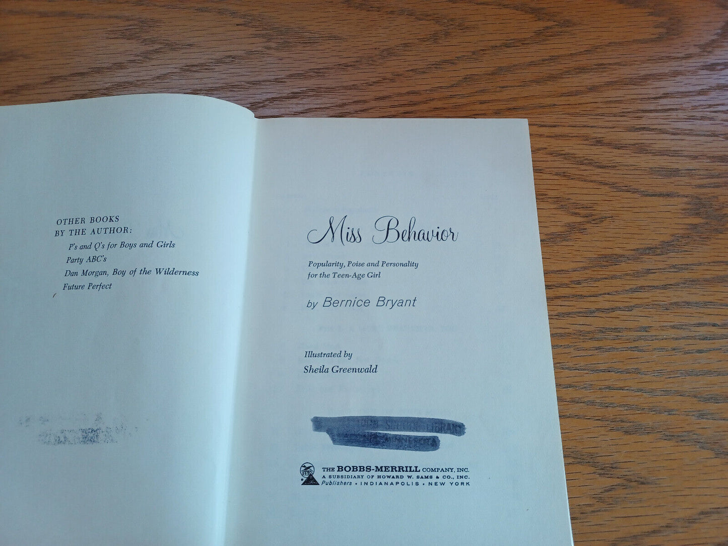 Miss Behavior Bernice Bryant 1960 Hardcover Dust Jacket Bobbs-Merrill