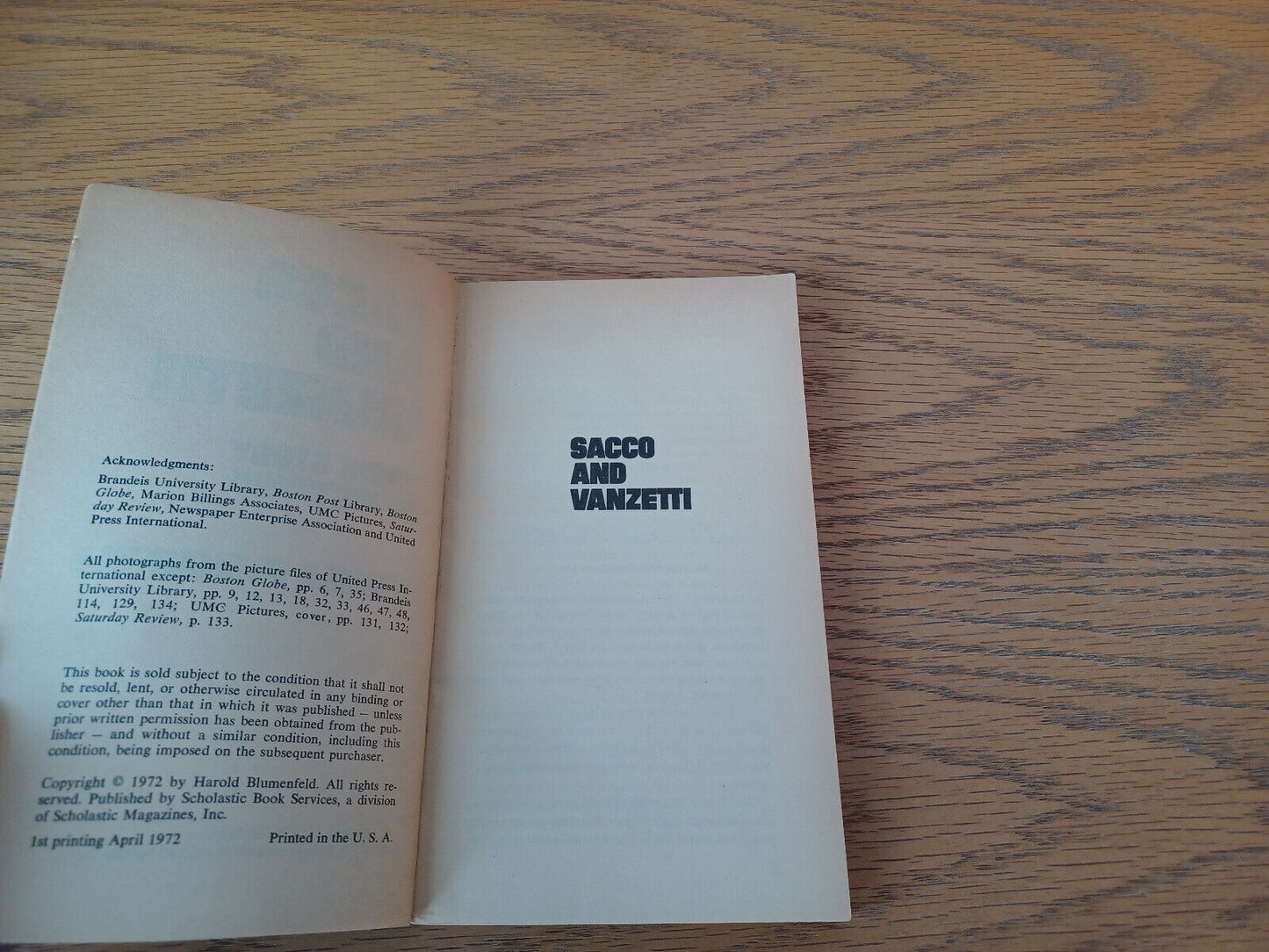 Sacco And Vanzetti Harold Blumenfeld 1972 Paperback Scholastic