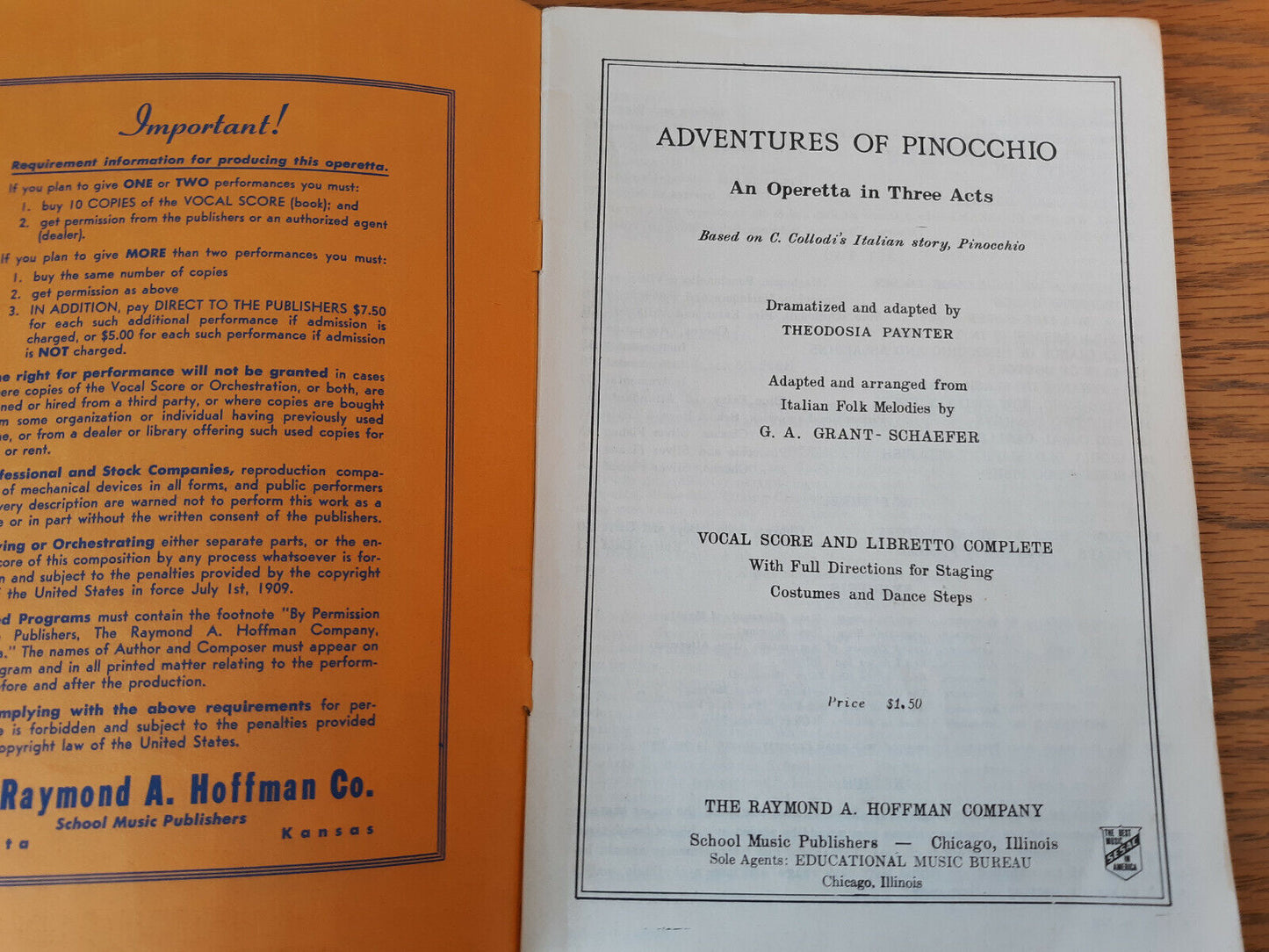 Adventures Of Pinocchio An Operetta In Three Acts Theodosia Paynter Raymond A Ho