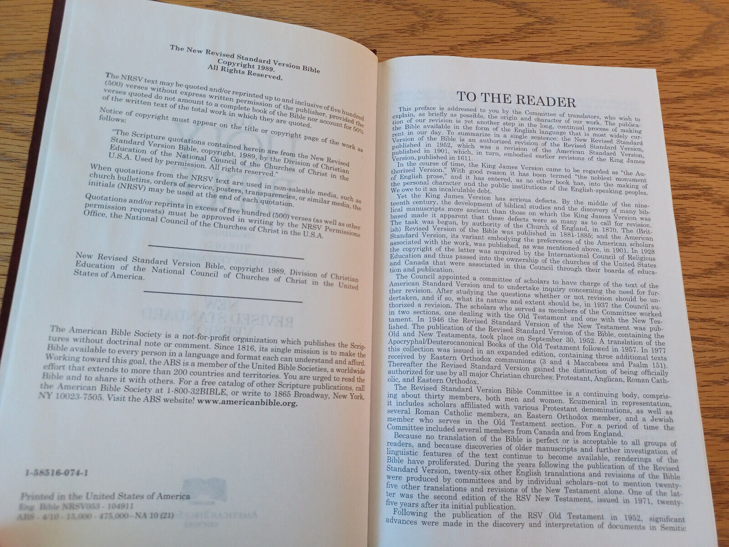 Holy Bible New Revised Standard Version American Bible Society Hardcover J