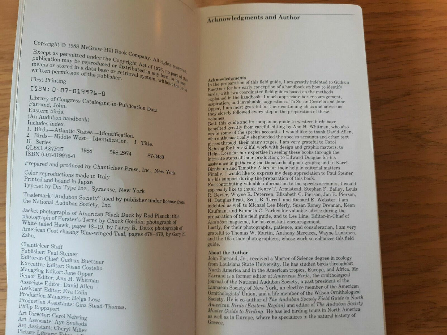 1988 Eastern Birds AUDUBON HANDBOOK Field Guide