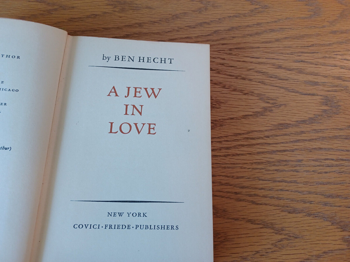 A Jew In Love Ben Hecht 1931 Hardcover Covici Friede