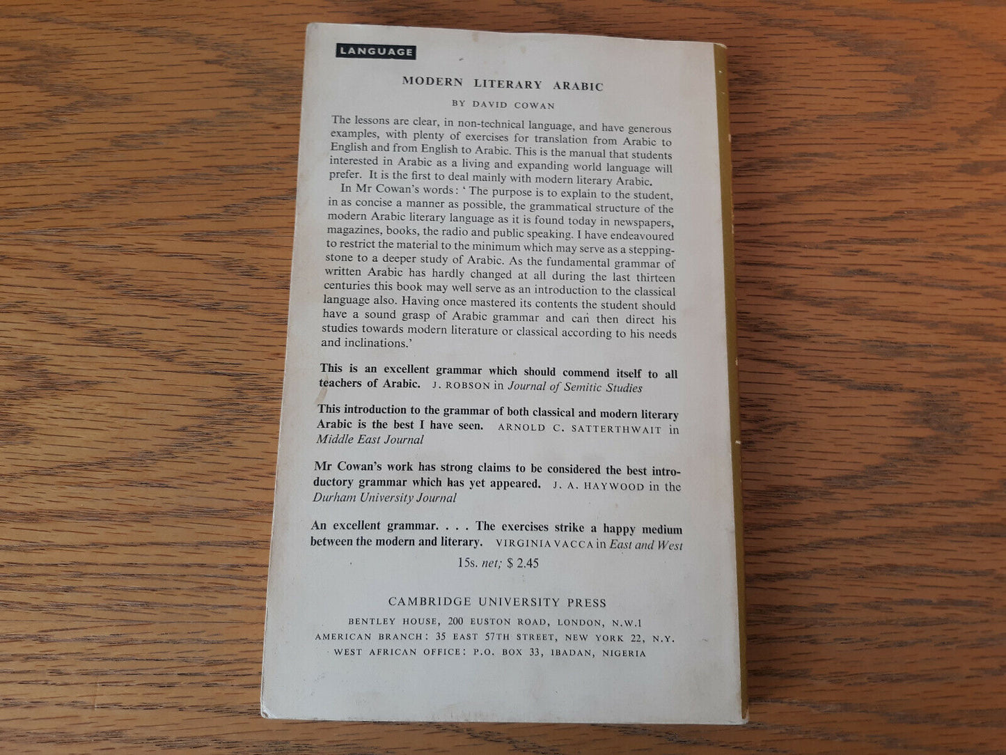 Modern Literary Arabic David Cowan 1964 Cambridge University Press Paperback