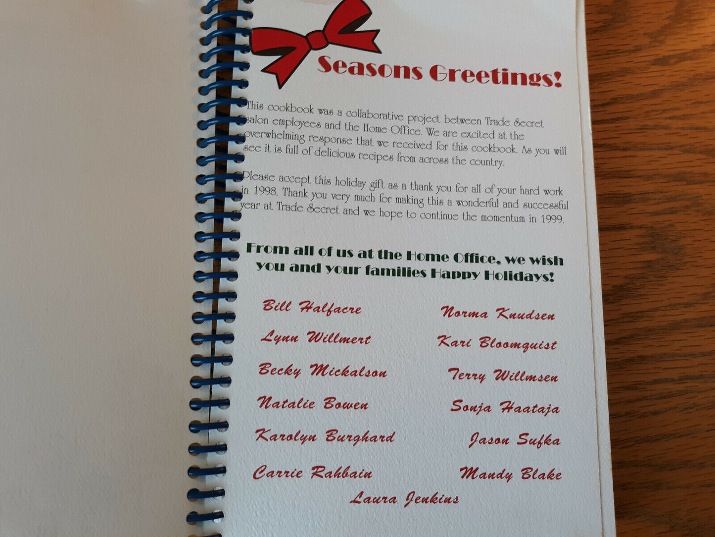 Holiday Cookbook 1998 Trade Secret Employees