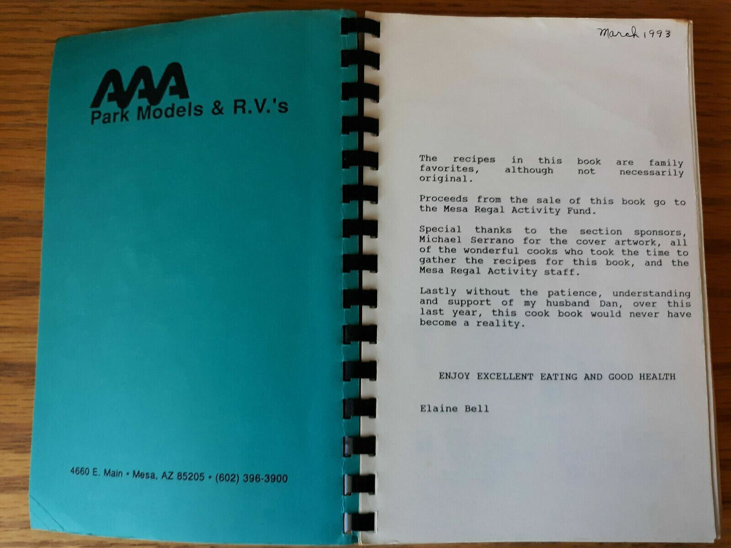 Mesa Regal Cookbook 1992 Elaine Bell AZ