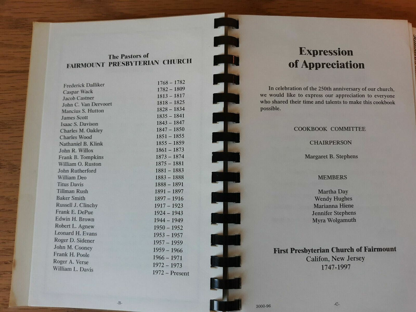250th Anniversary Cookbook First Presbyterian Church of Fairmount 1997