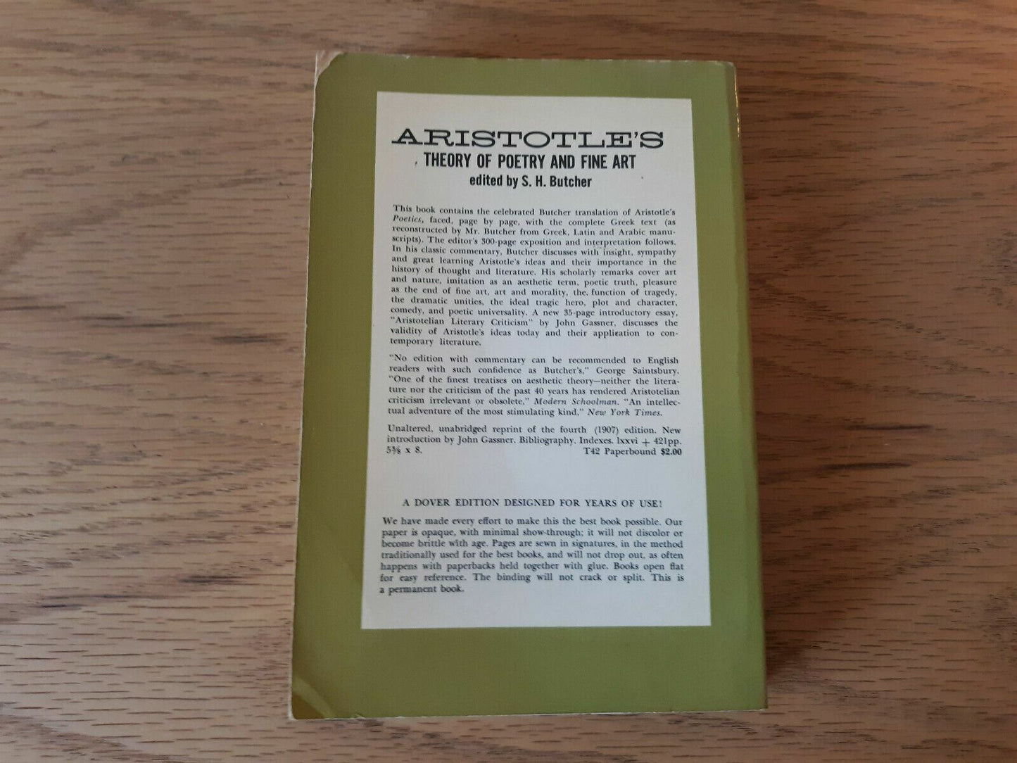 1951 Aristotle's Theory Of Poetry And Fine Art S.H. Butcher Gassner Dover 4th Ed