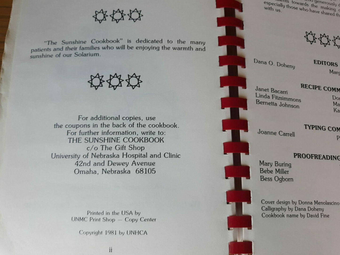 1981 Vintage The Sunshine CookBook University Nebraska Hospital And Clinic Auxil