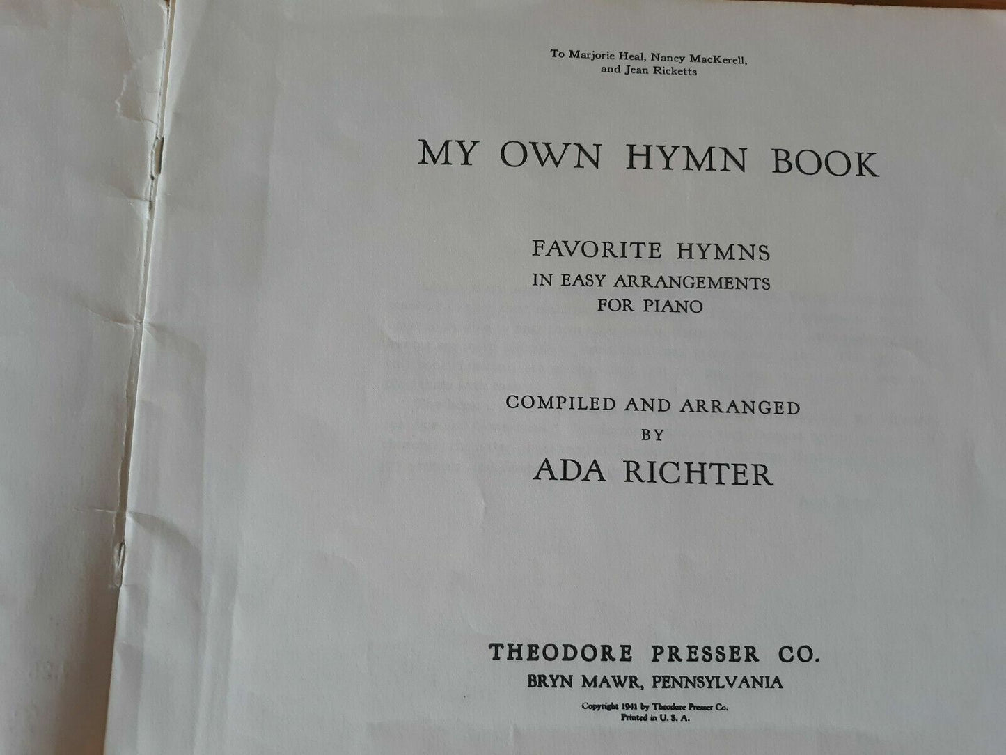 My Own Hymn Book Favorite Hymns in Easy Arrangements for Piano by Ada Richter