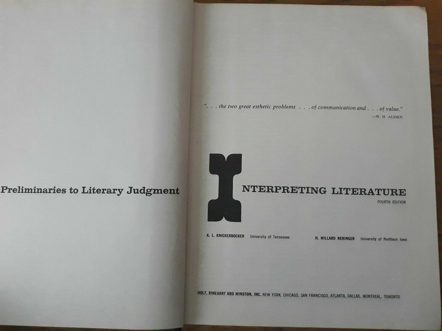 Interpreting Literature Fourth Edition by Knickerbocker Reninger 1969