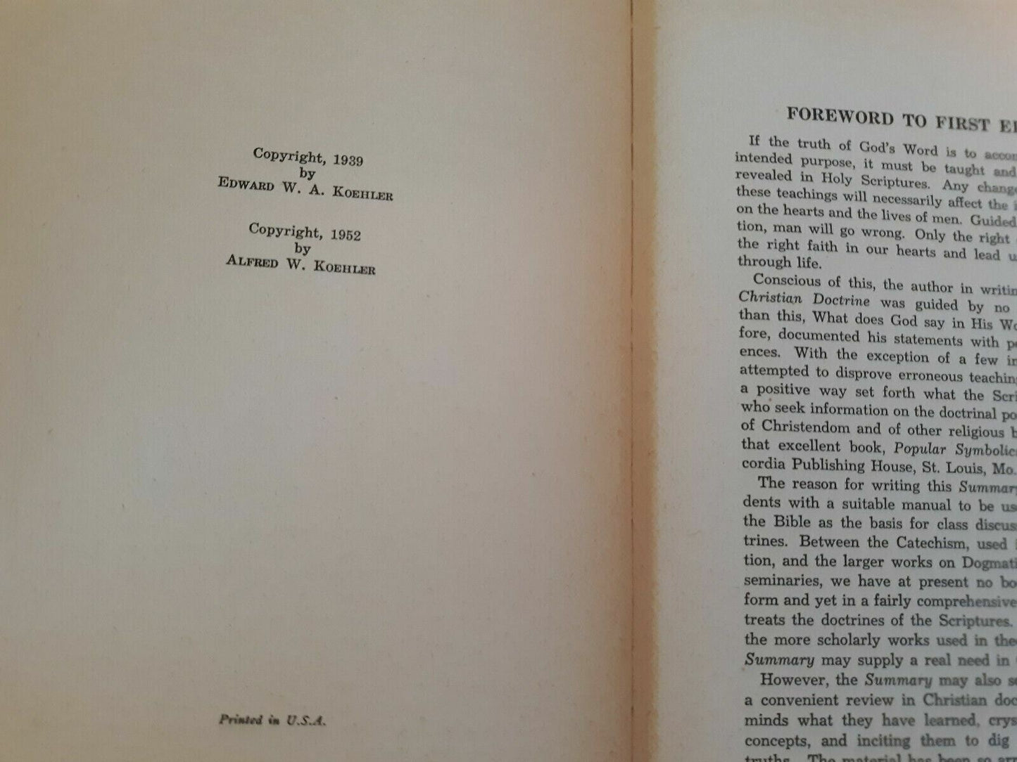 A Summary of Christian Doctrine by Edward W. A. Koehler 1952 Hardcover B