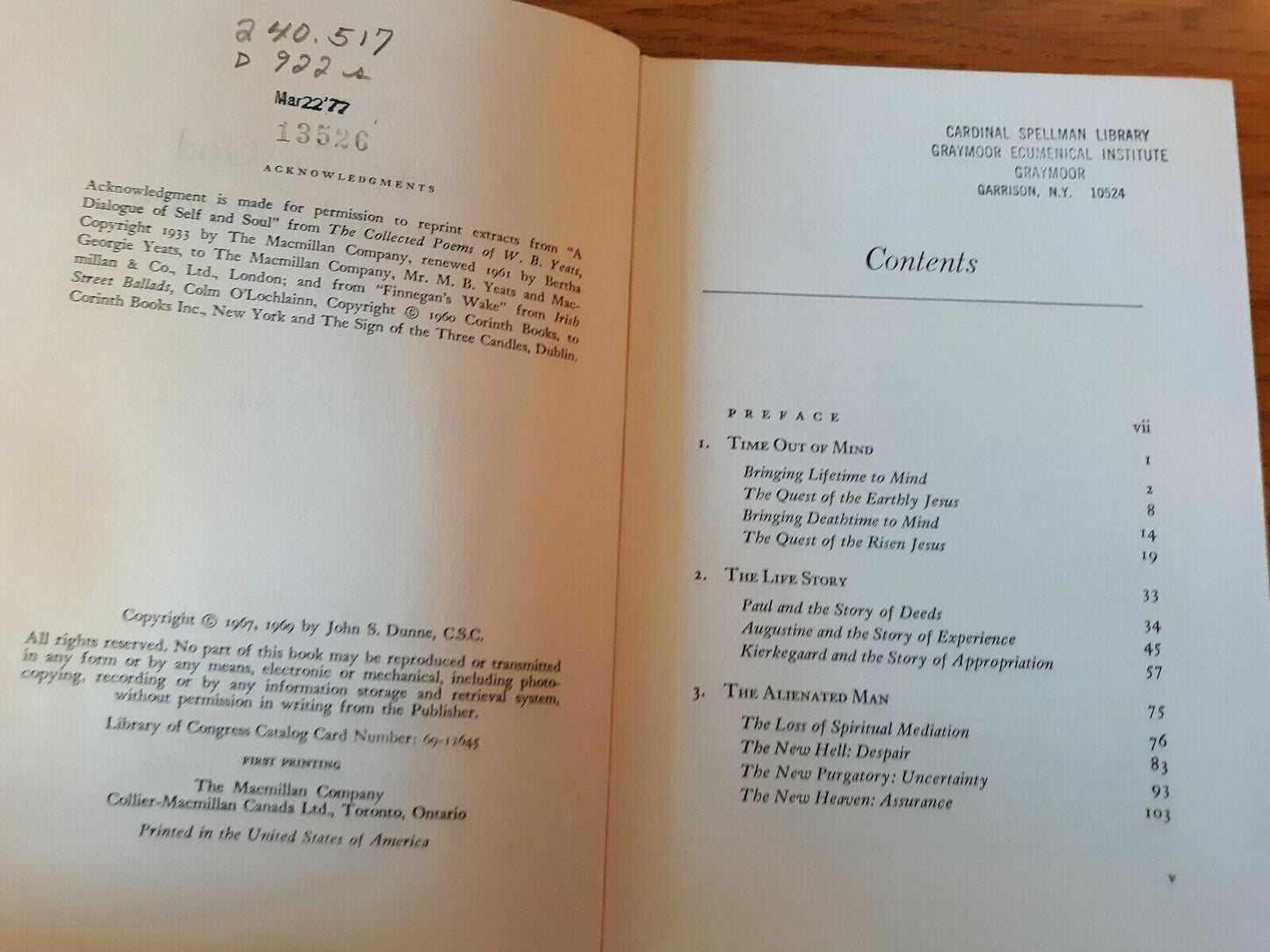 A Search for God in Time and Memory by Dunne, John S. 1st Printing HC/DJ 1969