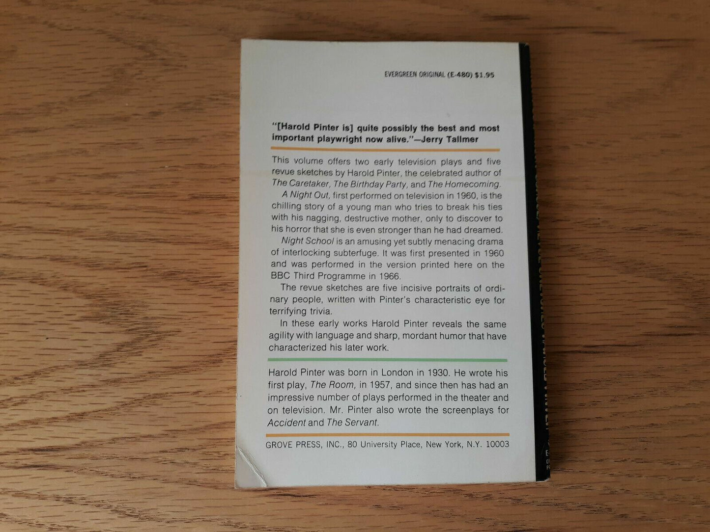 A Night Out Night School Revue Sketches Early Plays Harold Pinter 1967 1st Print