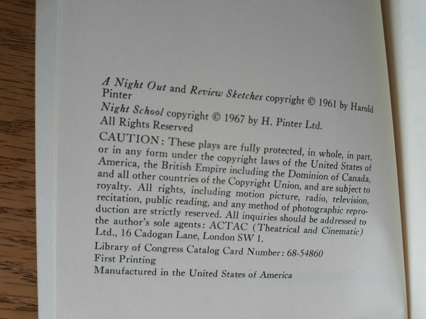 A Night Out Night School Revue Sketches Early Plays Harold Pinter 1967 1st Print
