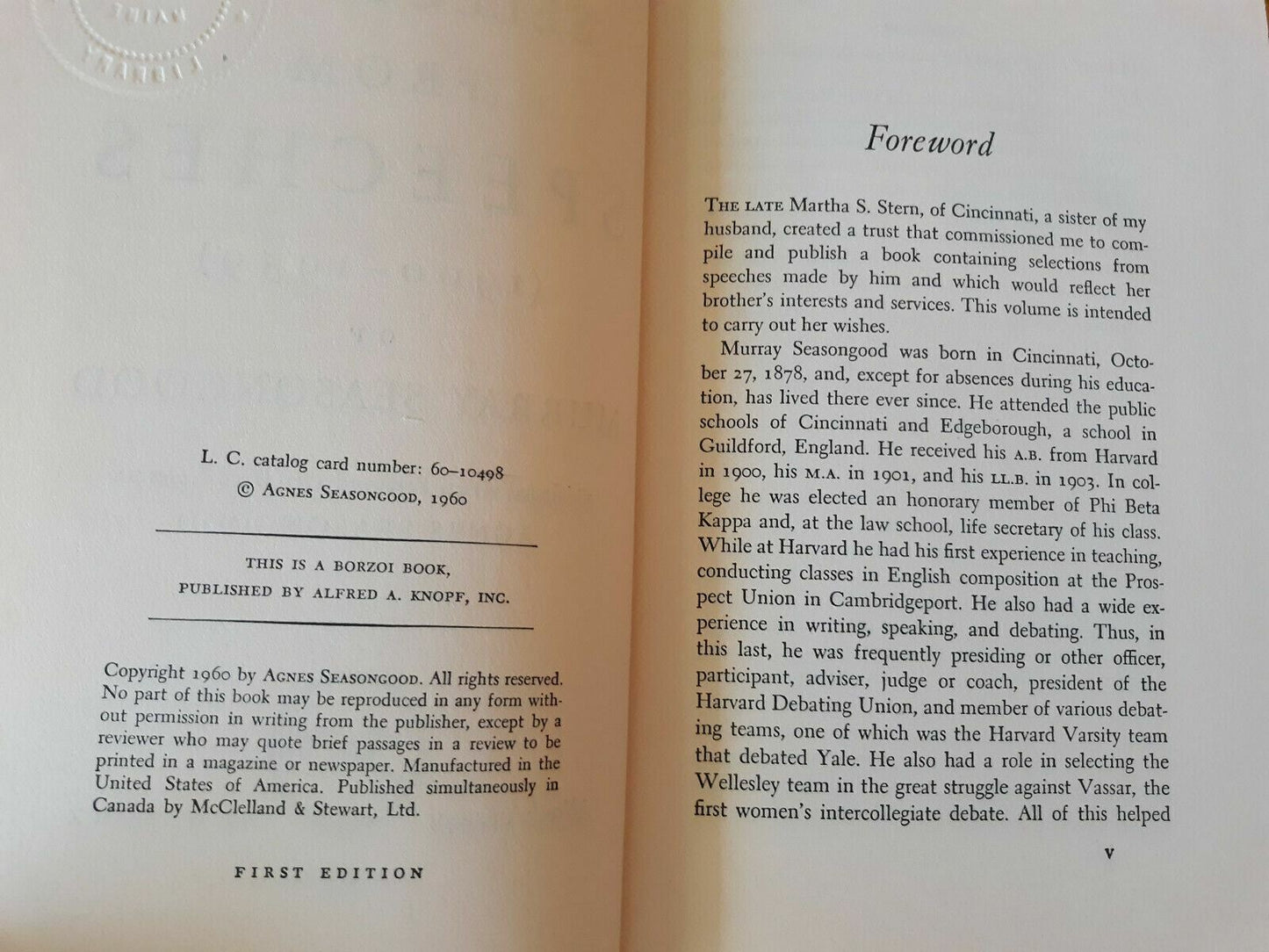 Selections from Speeches 1900-1959 of Murray Seasongood, 1960, 1st Edition