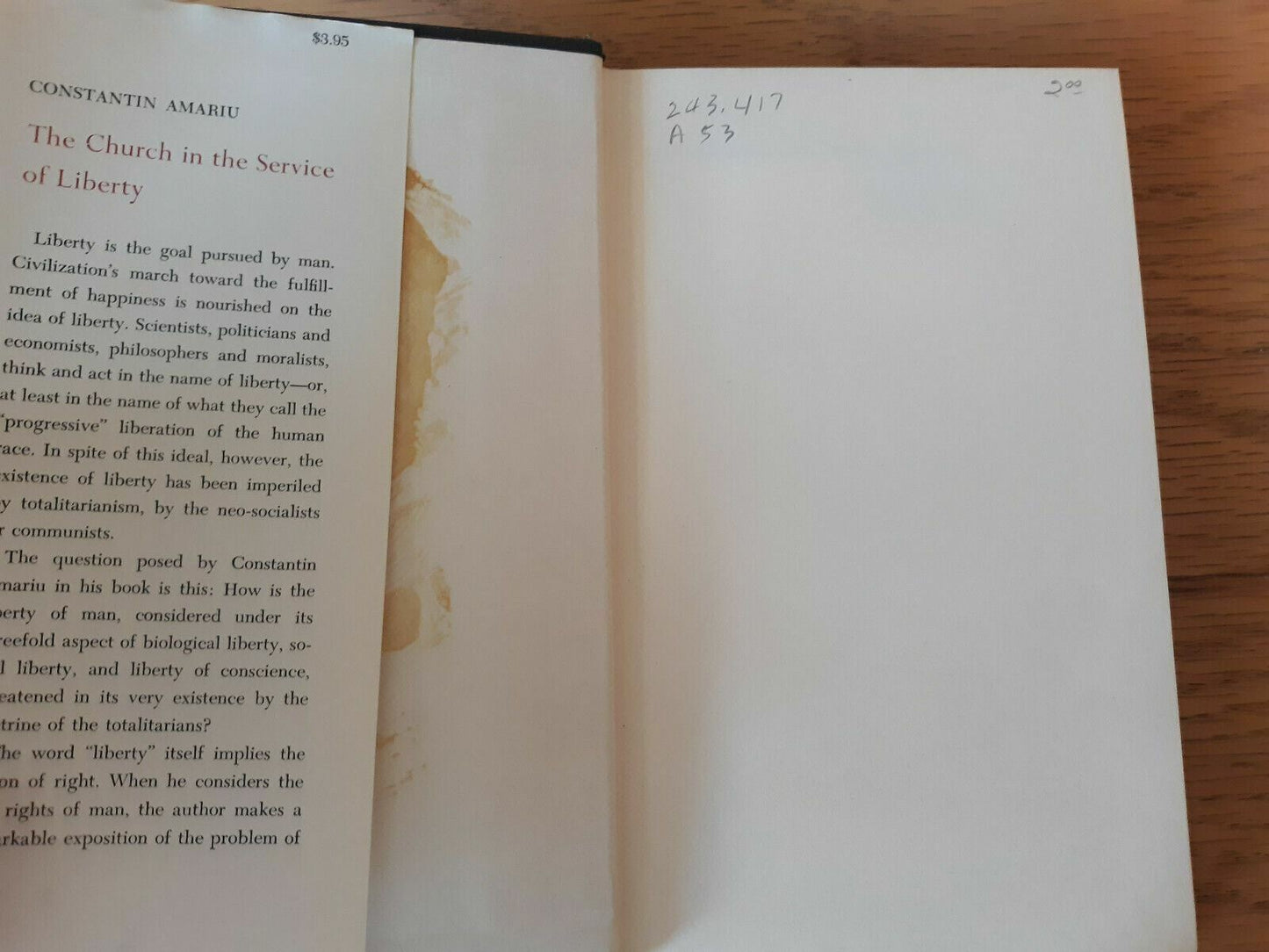 1963 THE CHURCH IN THE SERVICE OF LIBERTY Hardcover by CONSTANTIN AMARIU