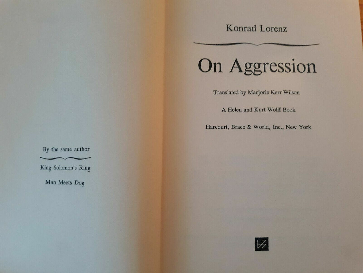 On Aggression by Konrad Lorenz Hardcover 1966 Harcourt, Brace & World