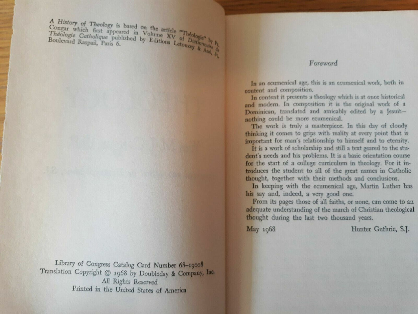 A History of Theology (1st Ed) by Yves M. J. Congar 1968 Hardcover