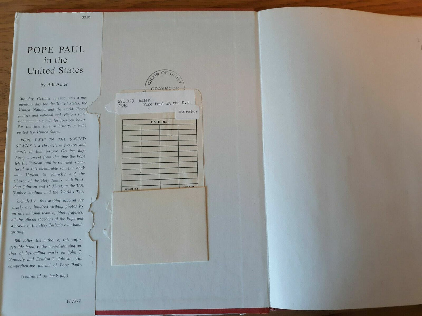 1965 Pope Paul in the United States by Bill Adler Hardcover 3rd Printing