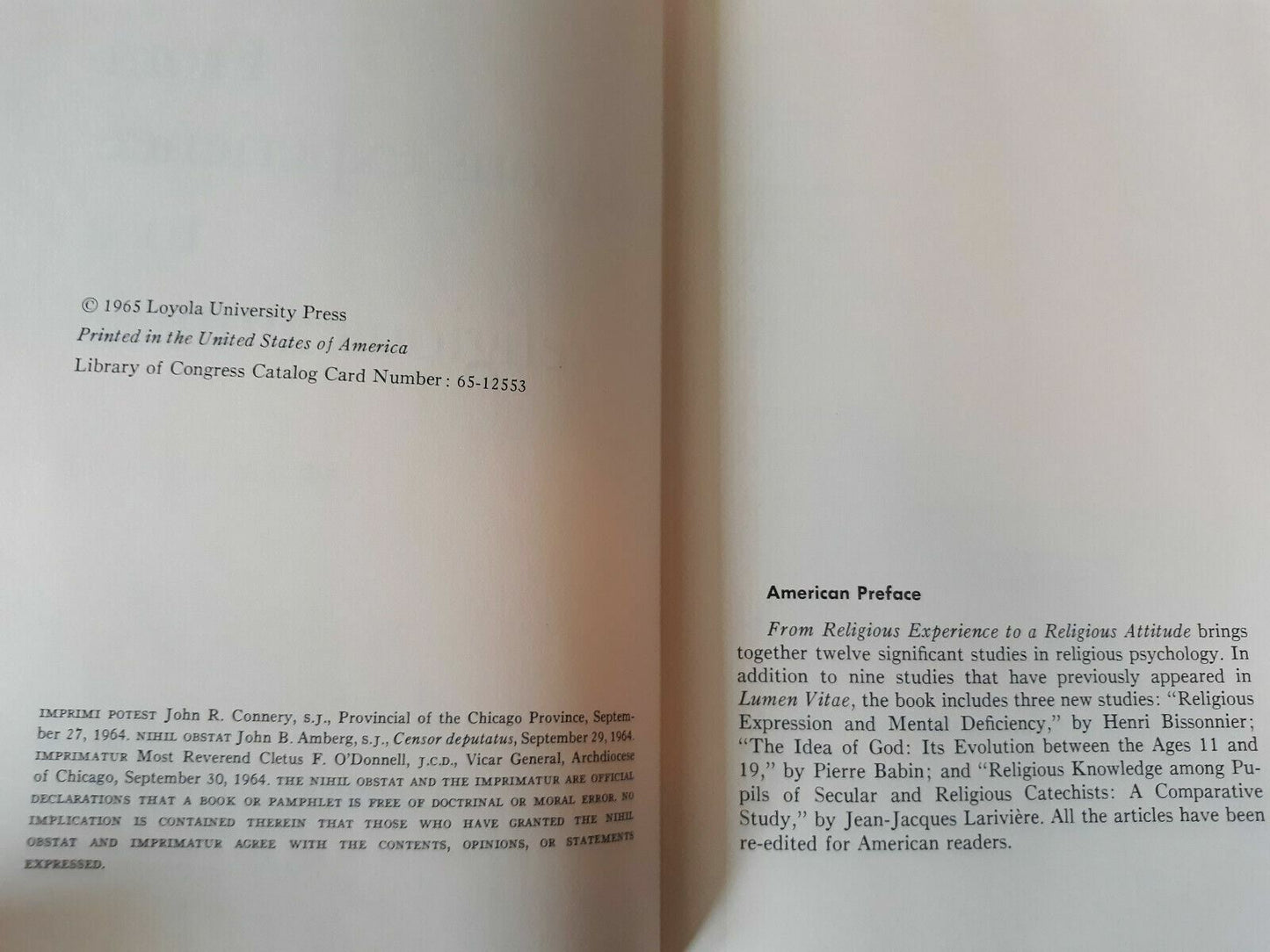 From A Religious Experience To A Religious Attitude A Godin 1965 1st Ed HC/DJ