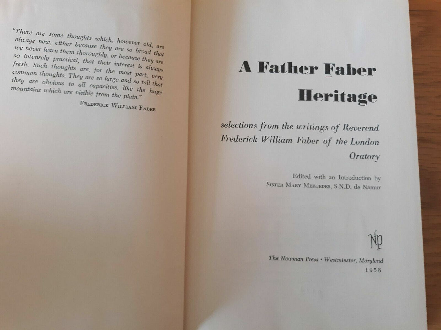 A Father Faber Heritage Selections from the Writings of F. W. Faber 1958 HC/DJ