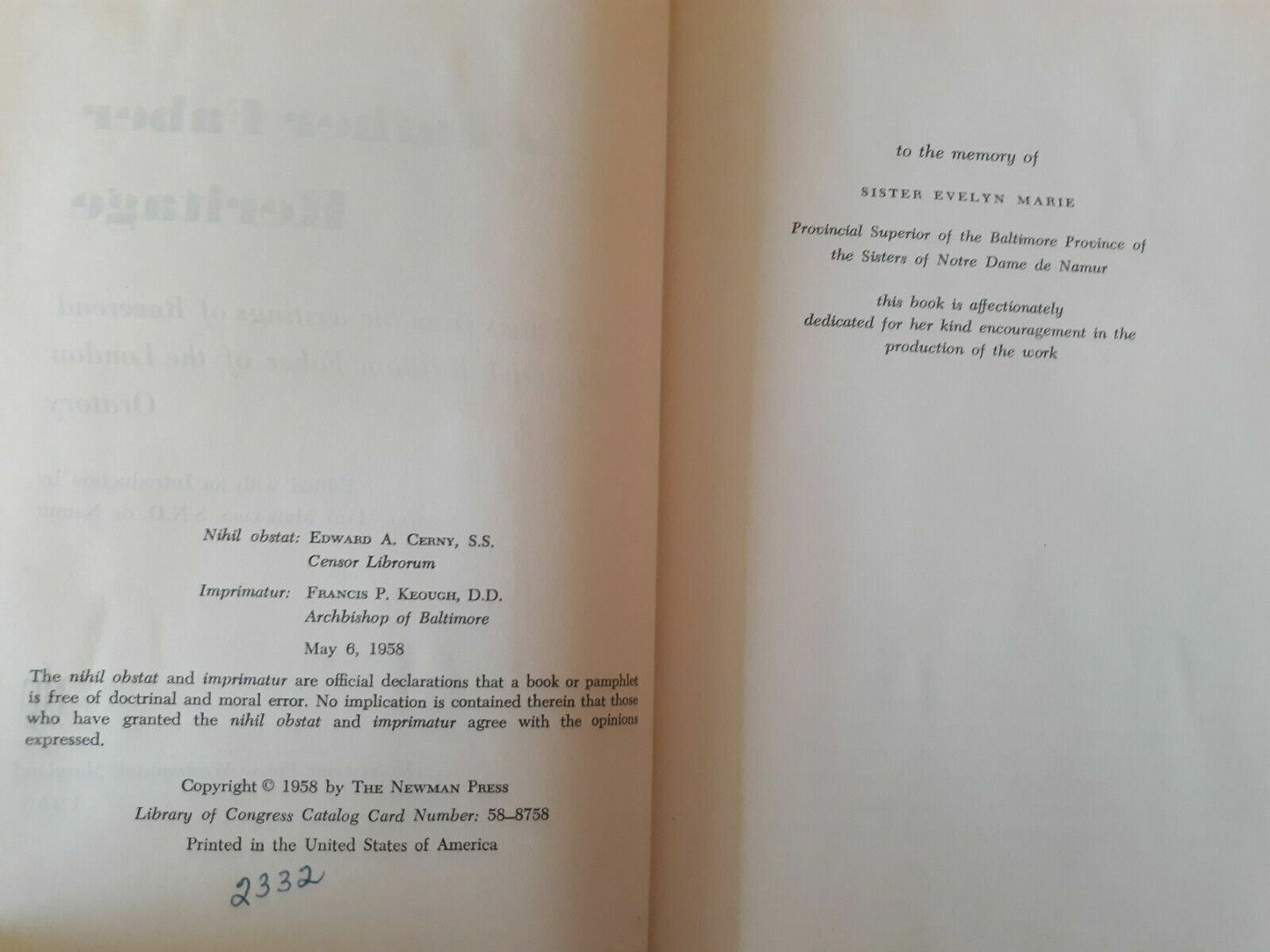 A Father Faber Heritage Selections from the Writings of F. W. Faber 1958 HC/DJ