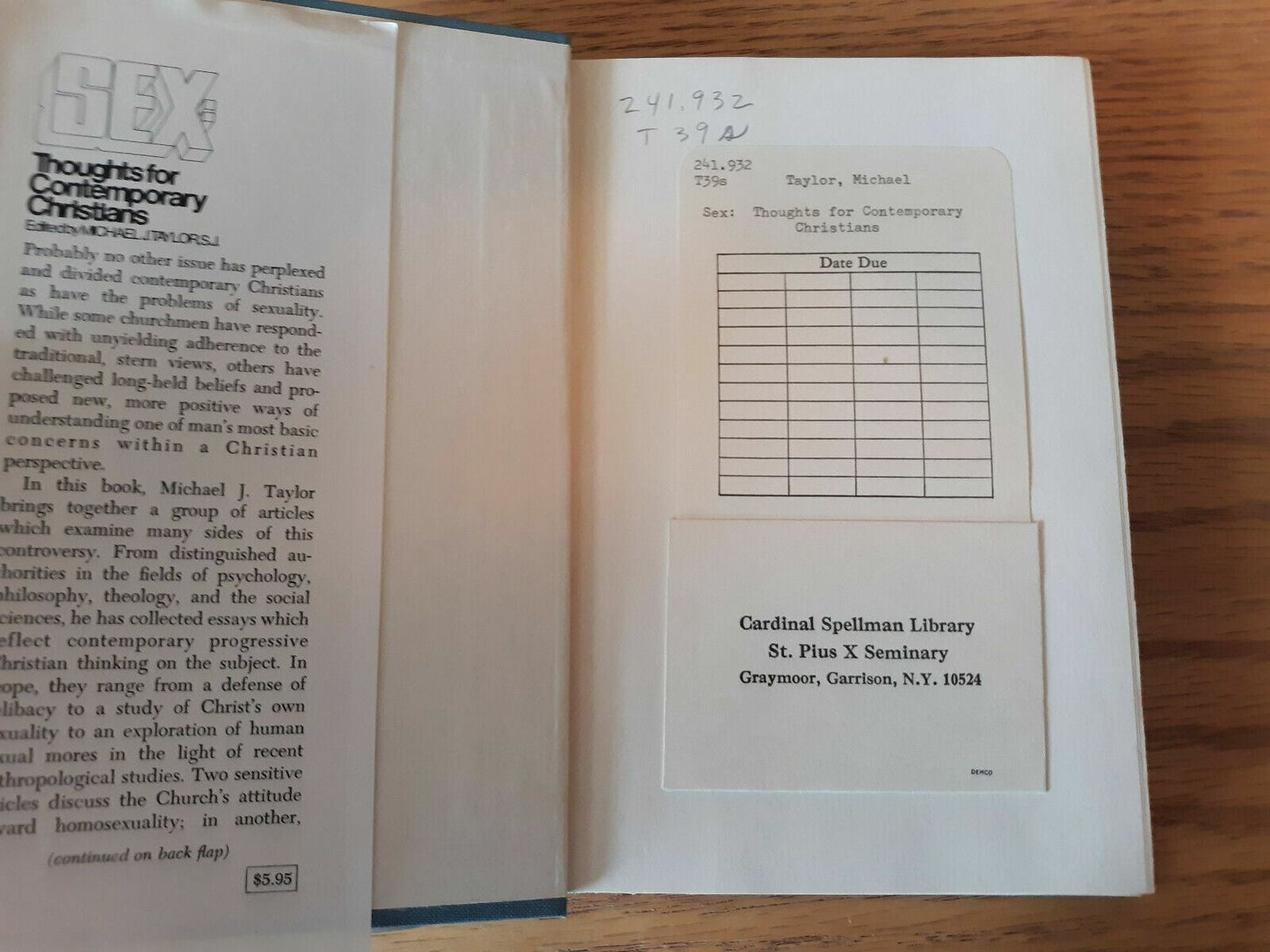 Sex: Thoughts for Contemporary Christians by Taylor, Michael J HC/DJ 1972