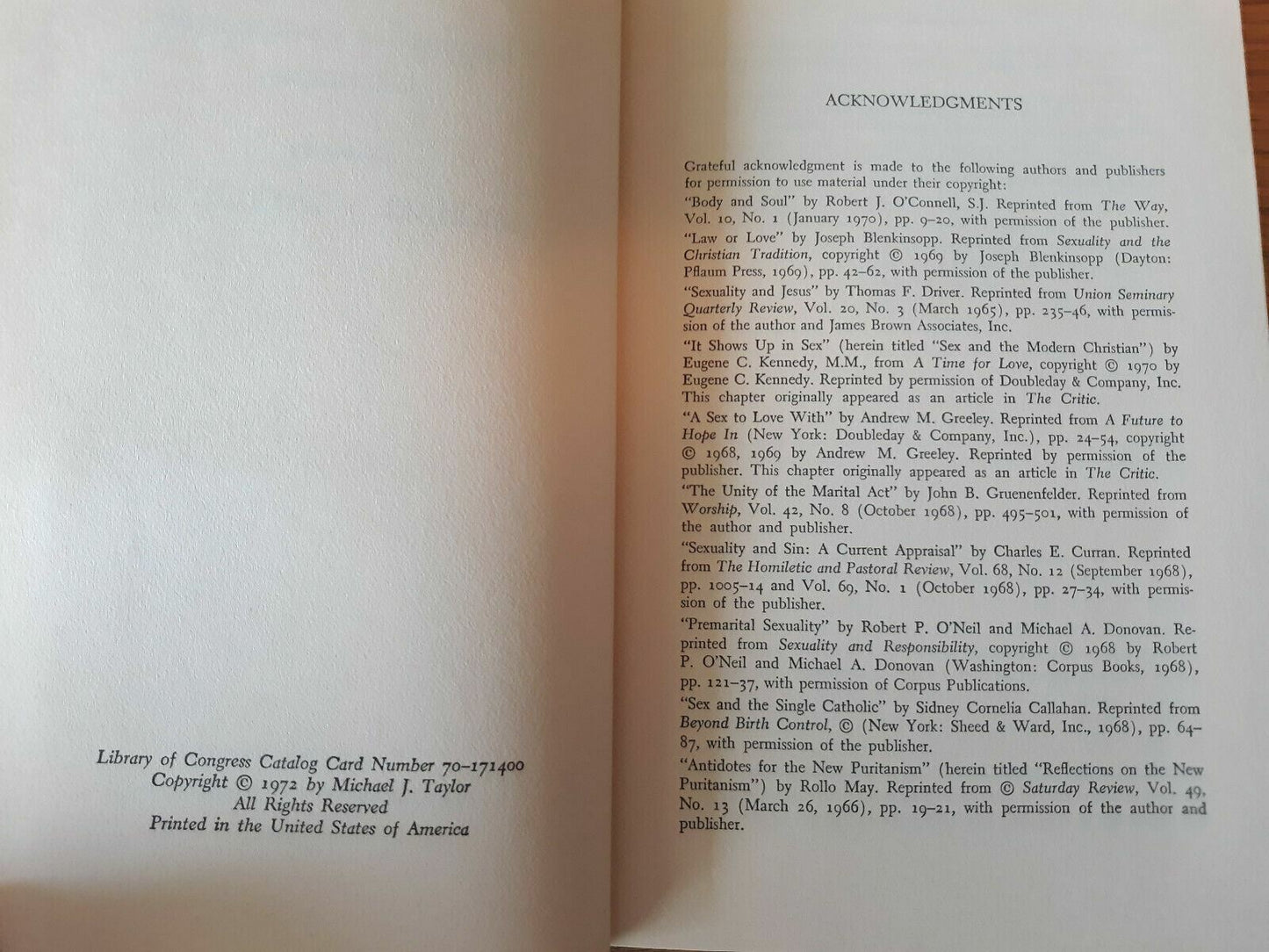Sex: Thoughts for Contemporary Christians by Taylor, Michael J HC/DJ 1972