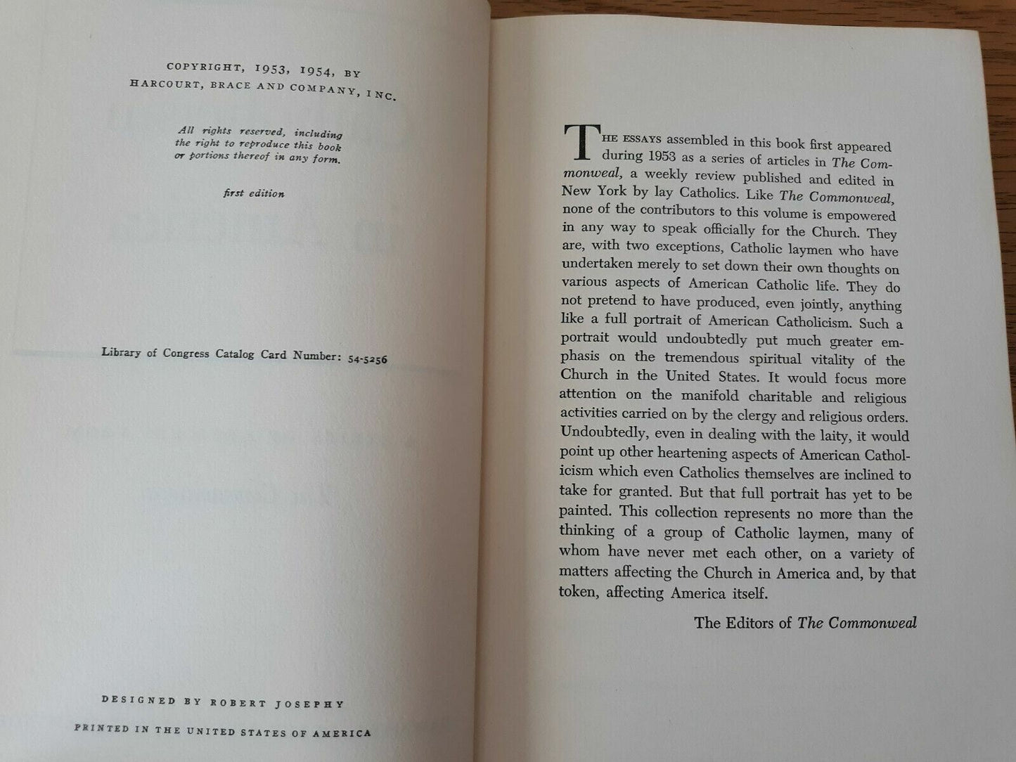 Catholicism in America Series of Articles From The Commonweal 1st Edition 1954