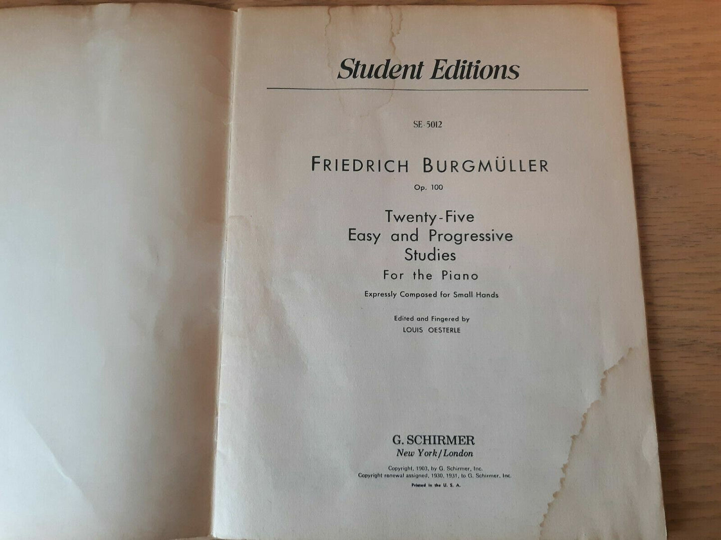Friedrich Burgmuller 25 Easy and Progressive Studies For The Piano 1931 SE 5012