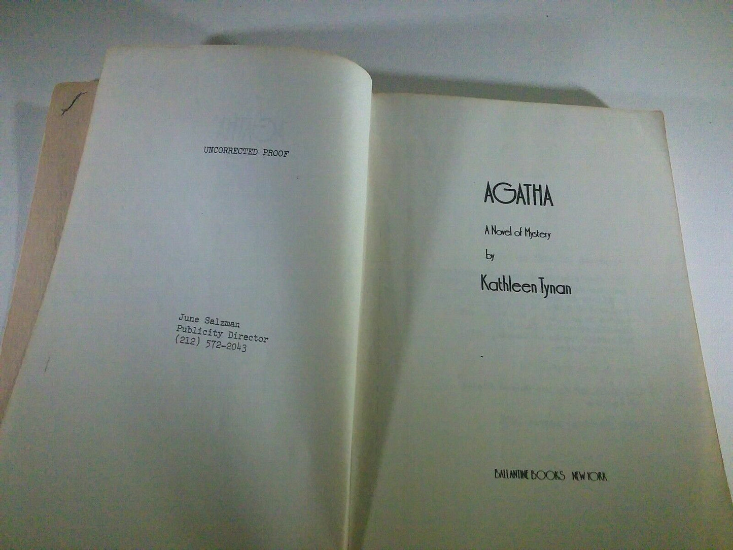AGATHA - FIRST EDITION 1978 BY KATHLEEN TYNAN Special Advance Reading Copy