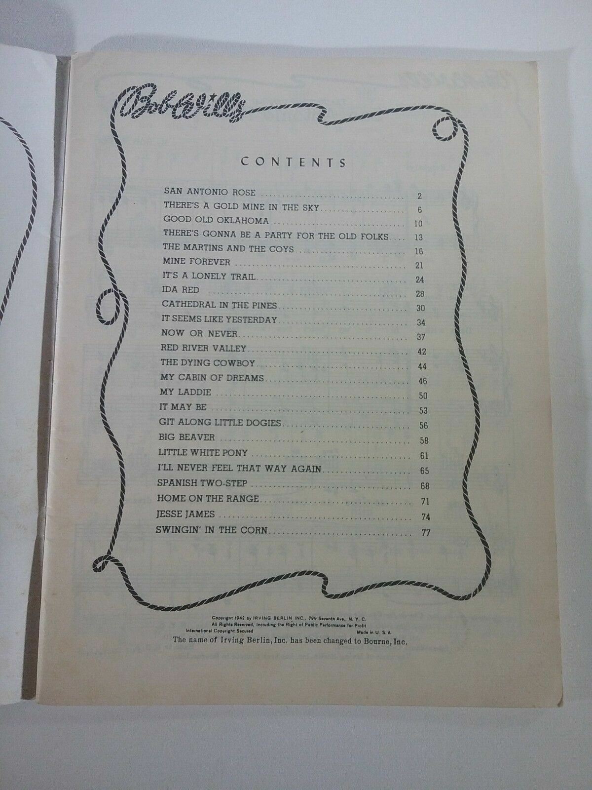 1942 BOB WILLIS ROUNDUP OF THE CENTURY SONG BOOK,Cowboy Country
