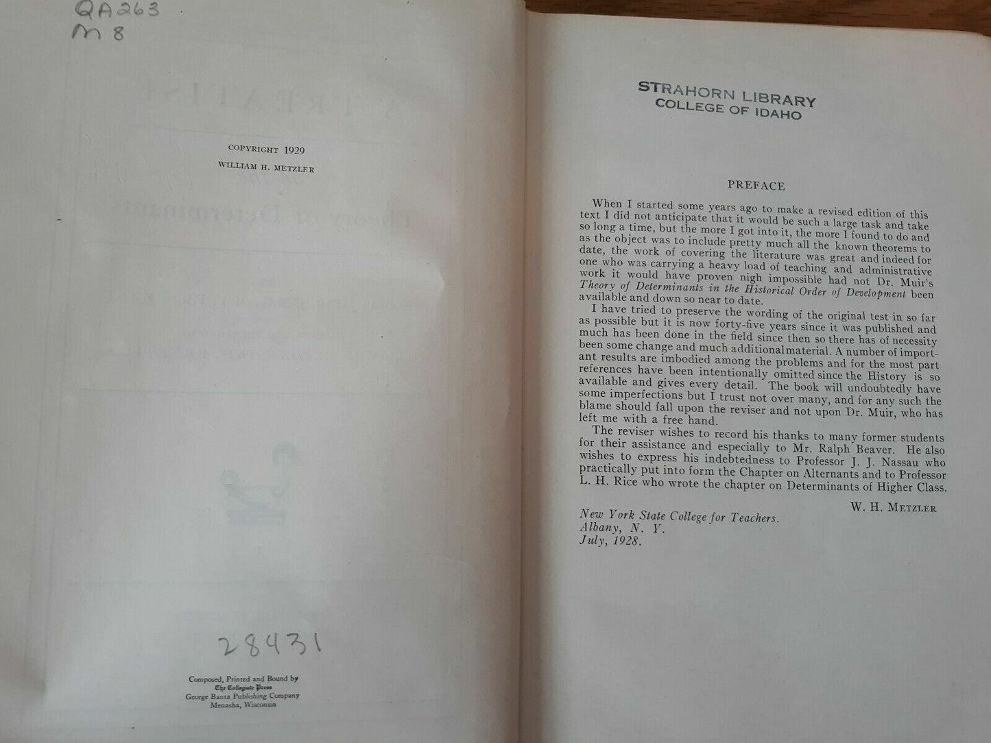 A Treatise On The Theory Of Determinants 1930 Thomas Muir Hardcover