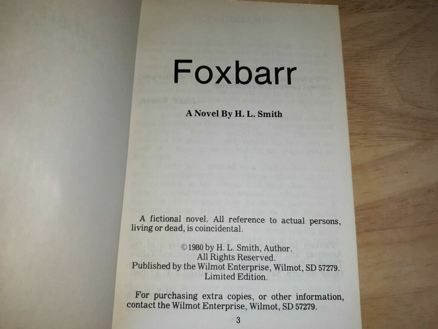 Foxbarr A Novel By H. L. Smith 1980 Wilmot Enterprise Limited Edition