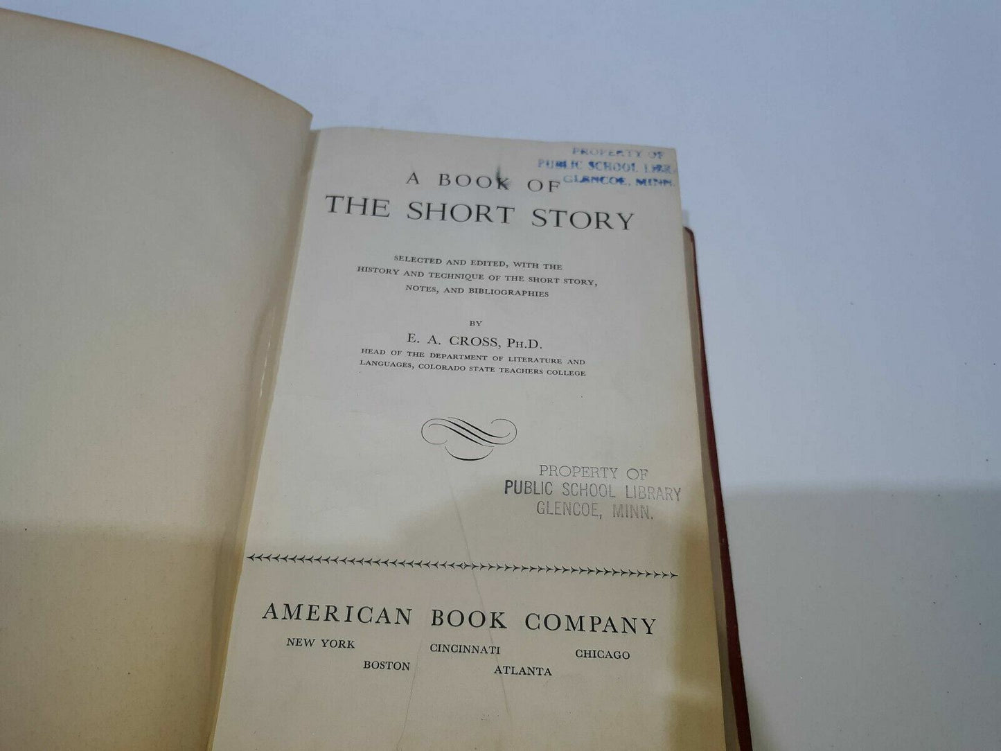 1934 A BOOK of the SHORT STORY Hardcover Book by E.A. CROSS