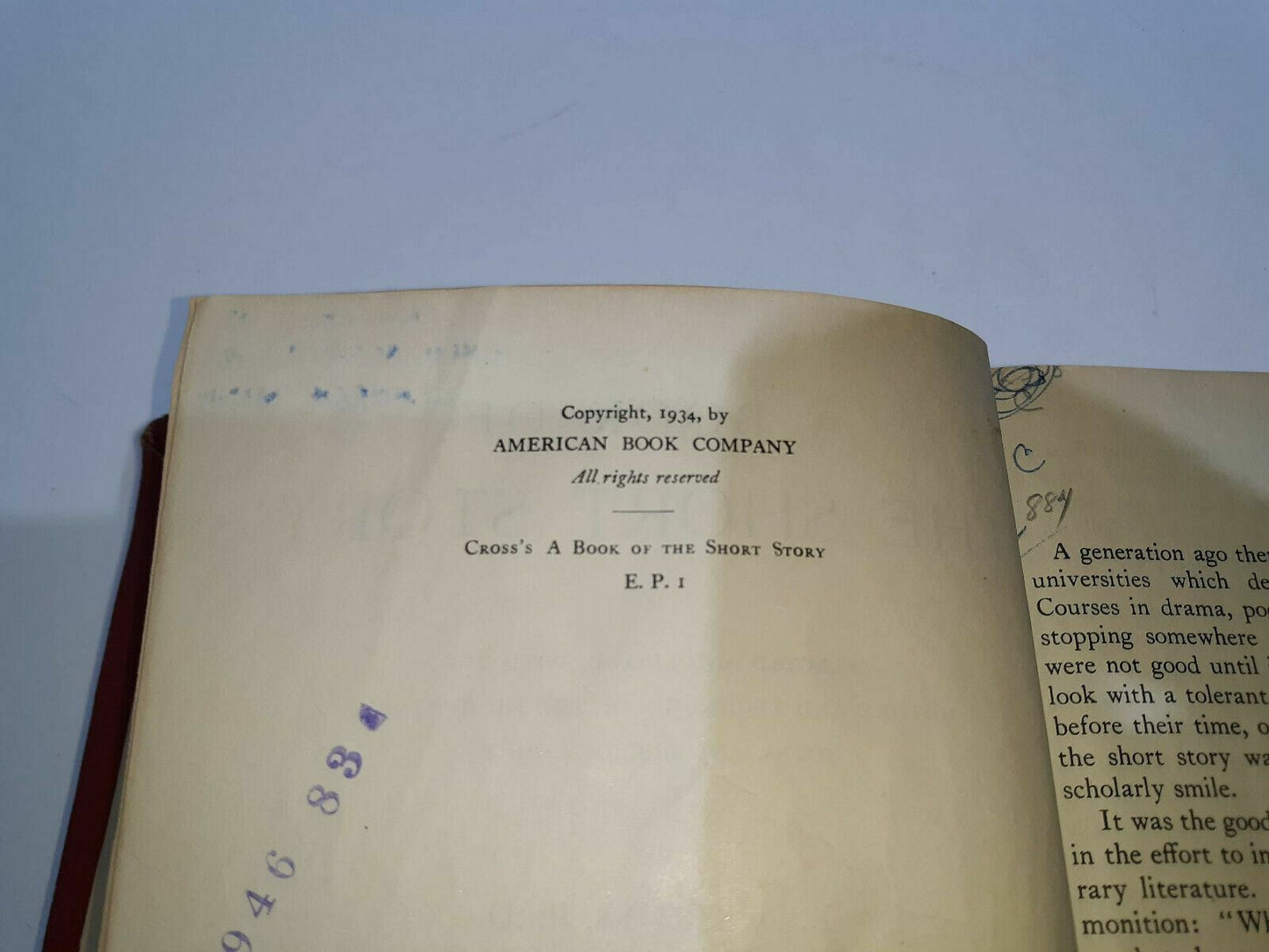 1934 A BOOK of the SHORT STORY Hardcover Book by E.A. CROSS