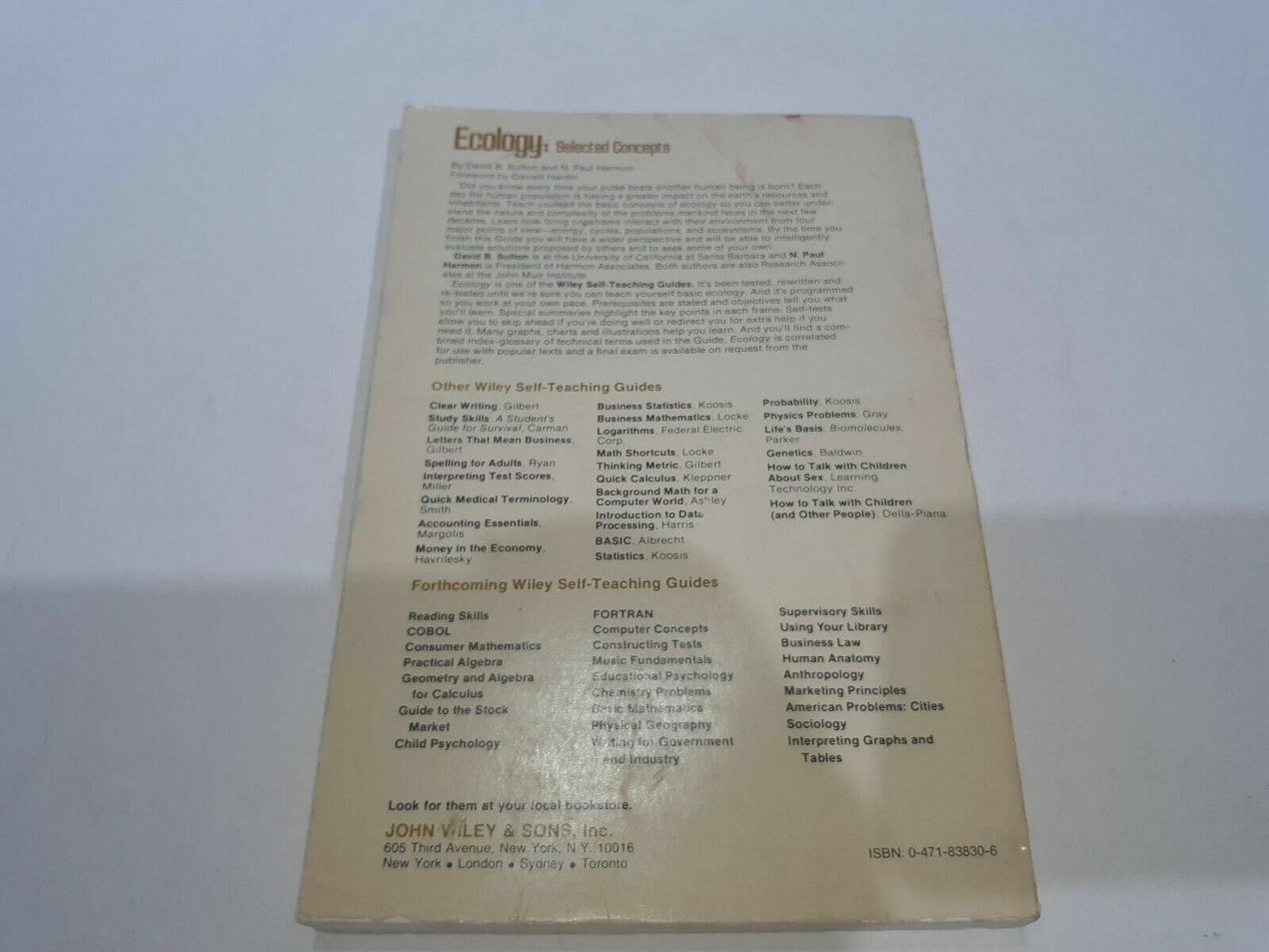 Ecology: Selected Concepts (Self-teaching guides) by David B Sutton Harmon 1973