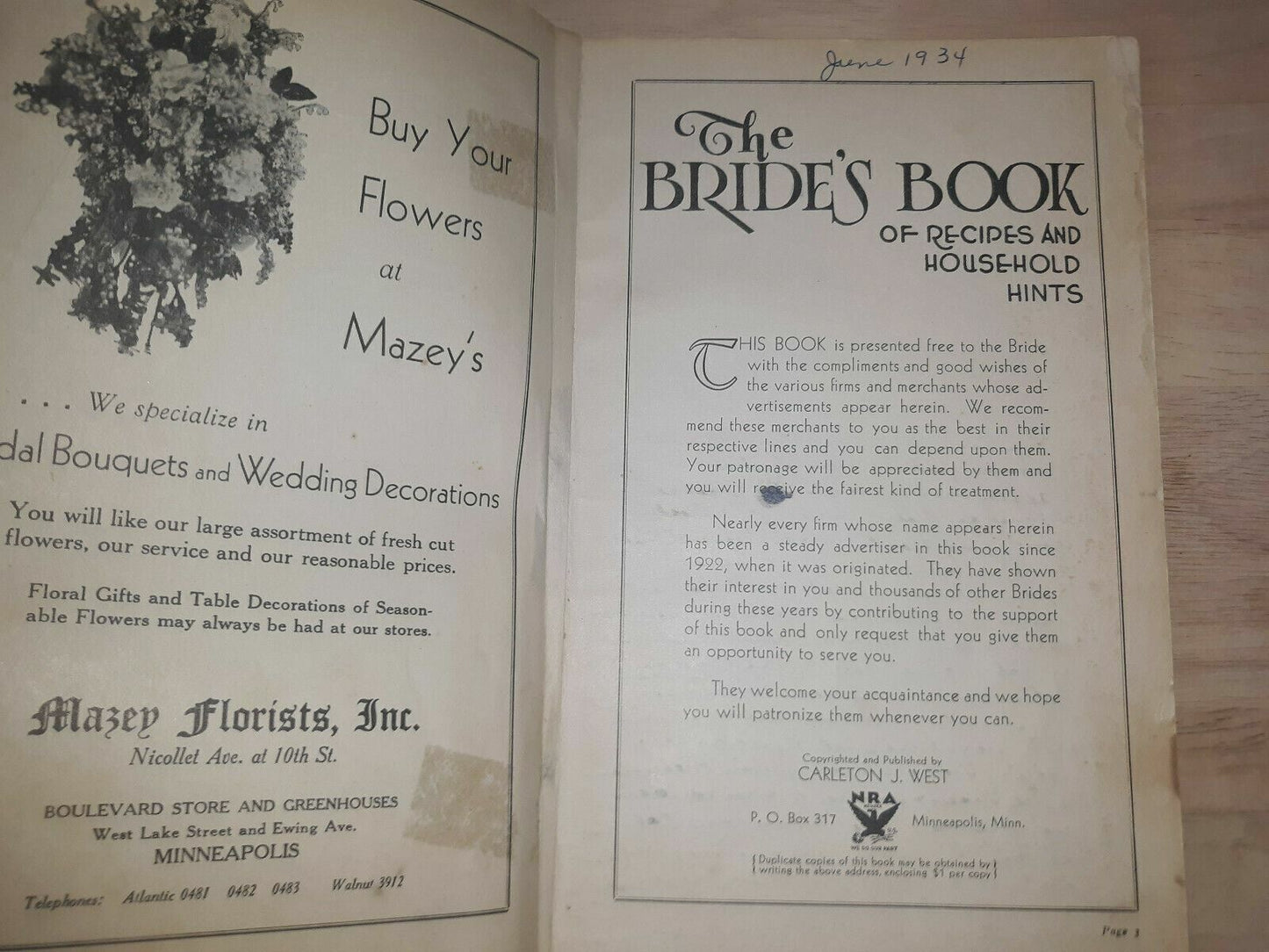 1934 The Bride’s Book of Recipes and Household Hints Gift Advertisers