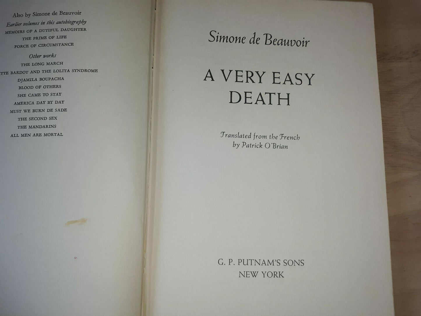 A Very Easy Death - First American Edition By Simone De Beauvoir 1966