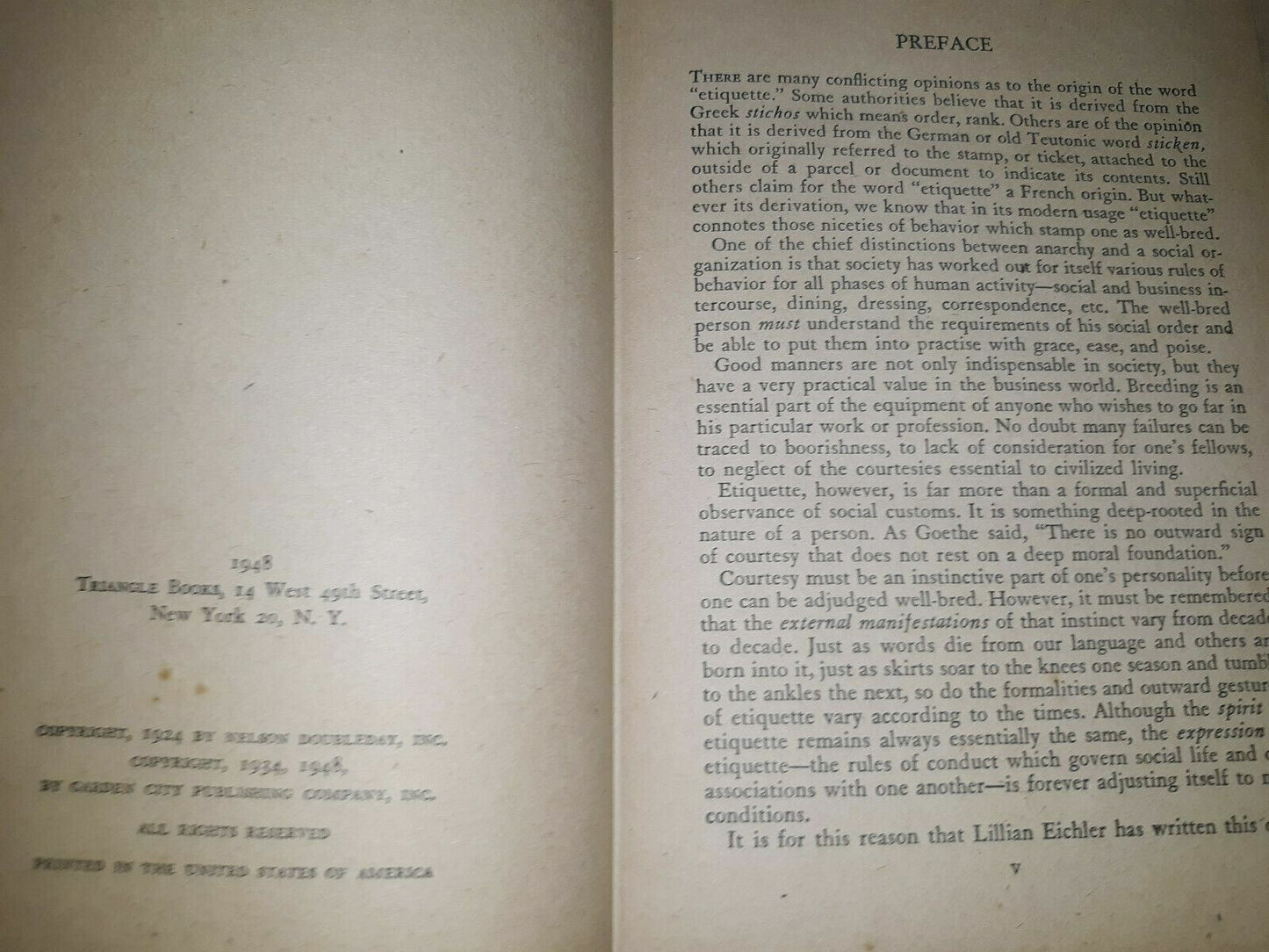 1948 The Book Of Etiquette Eichler Triangle Books Hardcover